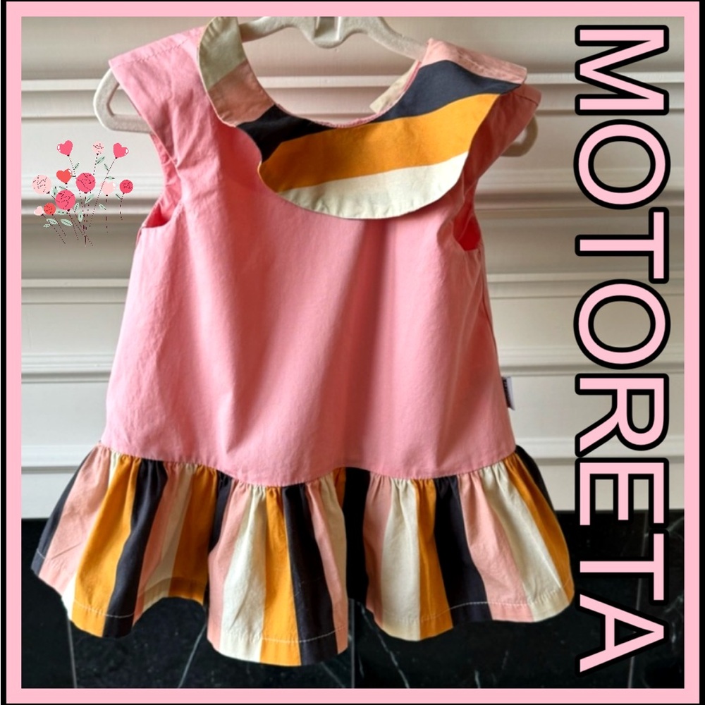 🌸MOTORETA SPANISH DESIGNER PINK & MULTICOLOR STRIPE BABY DRESS Sz 9 months
